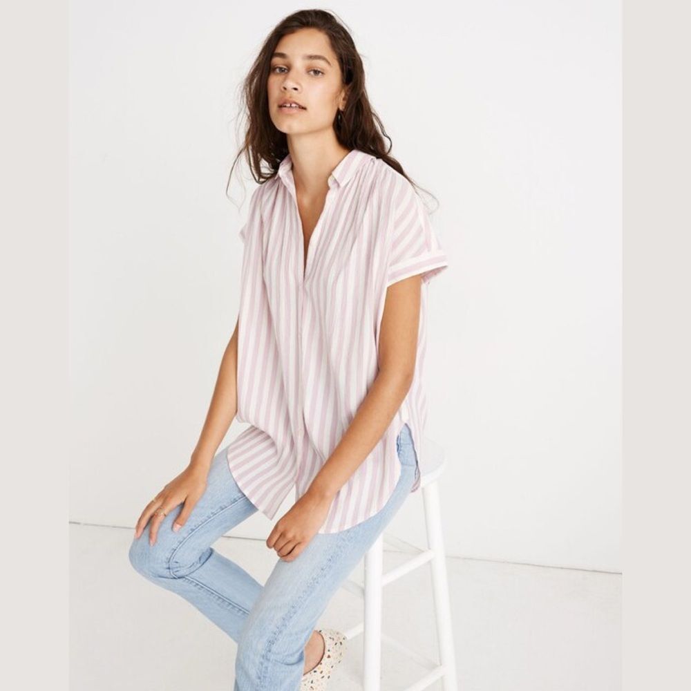 Madewell Central Tunic Button Front Shirt in Lavender Stripe | Small - Picture 2 of 8